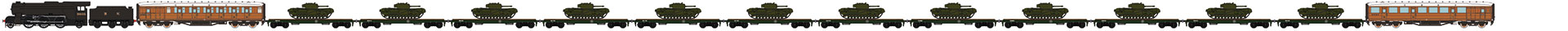 Churchill Tank Train - Retford An LNER V2 2-6-2 hauls a rake of Warflats, carrying Churchill tanks, flanked by Teak brake coaches to transport the tank crews.