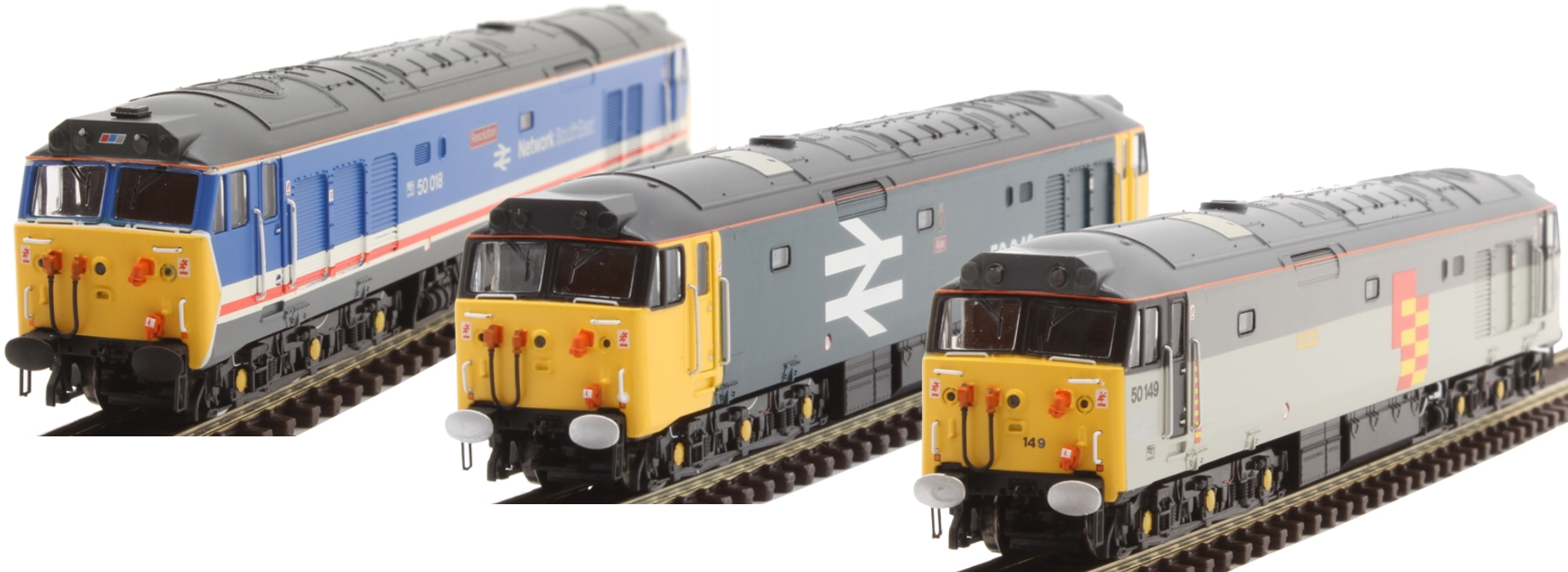 Trio of Class 50s in NSE, large logo blue and Railfreight liveries