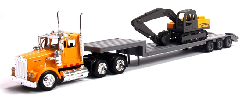 New Ray 15293NWR Kenworth W900 Lowboy with Excavator