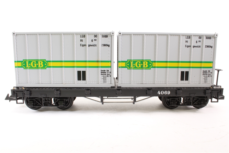 LGB 4069 Bogie flat wagon of the DB with two containers - Hattons