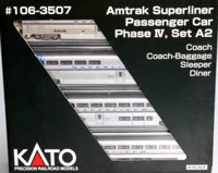 106-3507 Superliner of Amtrak - silver with red, white and blue stripes. 4-Car Set