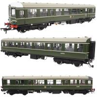 Class 104 3-car DMU in BR Green with speed whiskers and coaching stock roundel - M50478 - M59186 - M50530