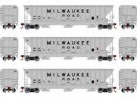 18754 54' Pullman-Standard covered hopper in Milwaukee Road (3-PACK) Light Gray #100537, 100606, 100645