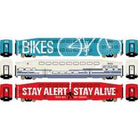 25964 Bombardier Bi-Level Commuter set with 3 Coaches #140, 159, 208 in Metrolink 1 Blue "Bikes", 1 White & Blue, 1 Red "Stay Alert Stay Alive"