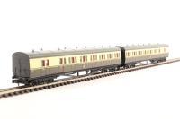 Pair of GWR B Set coaches 6894 and 6895 in GWR chocolate and cream with shirtbutton emblem
