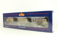 Set of Three 7 Plank Wagons, Wagon A) 312 , Wagon B) 374, Wagon C) 380 in Parkend Deep Navigation Collieries Ltd Livery - Weathered - Limited Edition for Tennant Trains