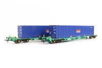 Intermodal Bogie Flat Wagons 31 70 4938 113-8 in Railfreight Distribution Green Livery with Two 45ft. Containers in 'SEACO' Blue Livery