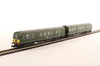 Class 101 2-car DMU in BR green with small yellow panel