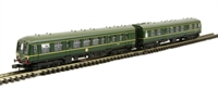 Class 108 2 car DMU BR green with speed whiskers.
