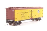 41435 40' wood side reefer of the Pacific Fruit Express - yellow with brown & black & blue & red 34485