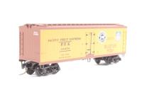 47060-19859 40' wood sheathed horizontal brake wheel reefer of the Pacific Fruit Express - bcr, orange sides 19859