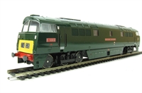Class 52 diesel D1002 "Western Explorer" in green with small yellow warning panels, ex-works gloss finish