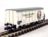 878346 Class Ghk refrigerated wagon with brakemans cabin of the German DB in "Franziskaner" white livery Epoch III