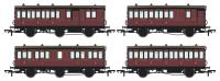 Pack of 4 coaches (4BT, 4T, 6CL, 6BT) in Midland Railway Crimson Lake - Sold out on pre-order