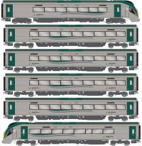 IE 22000 Class 'ICR' 6-car unit in Irish Rail grey & green (post-2013) - with Sculfort Locotractor