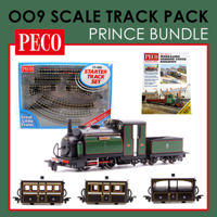 PGV-Bundle1 Peco OO9 Scale Ffestiniog Railway Green "Prince" Starter Set Bundle with 3 x Victorian Bug Boxes