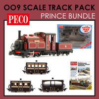 PMV-Bundle1 Peco OO9 Scale Ffestiniog Railway Maroon "Prince" Starter Set Bundle with 3 x Victorian Bug Boxes