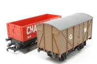 R2670Wagons 4-wheel open wagon in 'Charringtons' red, 12-ton van in GWR bauxite and BR 20-ton brake van in BR grey split from R2670 set