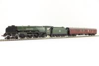 Class 8P Duchess 4-6-2 46233 "Duchess Of Sutherland" in BR green with early crest & Mk1 BSO support coach 99041 in BR Maroon