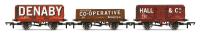 Triple wagon pack with Denaby Colliery, Leicester Co-Op and Hall & Co plank wagons