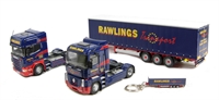 J5636 Rawlings Transport Collectors set with Renault Magnum, Scania R Series and curtainside, with keyring