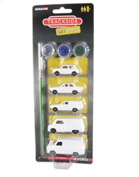 ERA2004 1970's DIYcast set. Contains unpainted Mini, Escort Mk1 car, Escort Mk1 van, Bedford CA van & Ford Transit