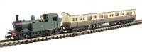 Train pack with Class 48xx 0-4-2 loco 4865 in GWR shirtbutton green & autocoach in chocolate & cream with shirtbutton logo.