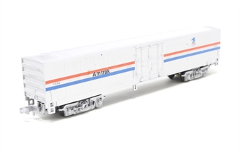 60' material handling boxcar of Amtrak - silver, with red, white and blue stripes