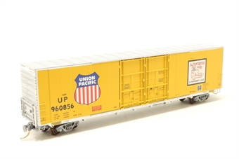 60' high cube riveted side double plug door boxcar of the Union Pacific - yellow with silver roof and ends 960856