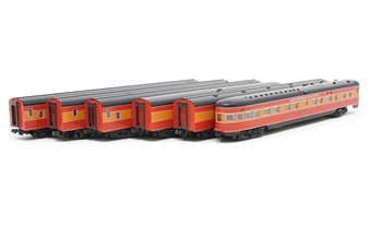 Smoothside passenger cars of the Southern Pacific - red, black, and orange 6-Pack