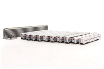 Corrugated passenger cars of Amtrak - red, white, blue and aluminum 10-Car Set