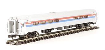 Budd Amfleet cafe of Amtrak - silver and blue with red and white stripes