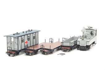 Borsig 0-8-0T 'brigade' in grey with 3 wagons - gondola, flat car, & medic car
