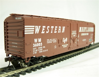 American 50ft plug-door box car in Western Maryland speed lettering livery
