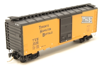 40' steel PS-1 boxcar of the Toronto Hamilton & Buffalo - orange with a black roof, doors, and ends 3538