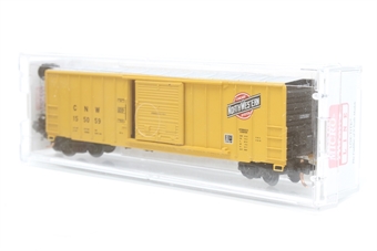 50' FMC 5077 boxcar of the Chicago & North Western - yellow withblack ends, aluminum roof 155059