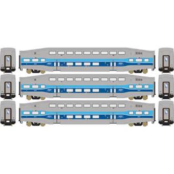 Bombardier Bi-Level Commuter set with 3 Coaches # in AMT - Montreal Light Gray & Blue