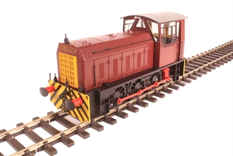 Class 05 shunter in Industrial maroon livery with wasp stripes on bufferbeam