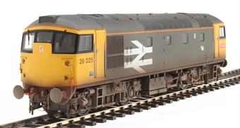 Class 26/1 26025 in BR railfreight red stripe livery with orange cantrail stripe and Eastfield dog logo - weathered