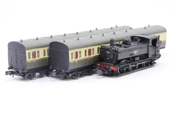 Class 57xx 0-6-0PT 5762 in BR black with late crest & 2 B set Coaches (6384 & 6385)