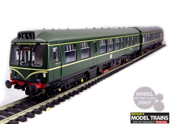 Class 108 2 car DMU BR green with speed whiskers. Destination 'Liverpool'