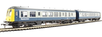 Class 108 2-car DMU in BR blue & grey with full yellow ends