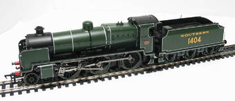 Class N 2-6-0 1404 & slope sided tender in SR green with smoke deflectors