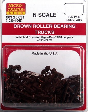 (1030-10-B) Brown Roller Bearing Trucks with Short Extension RDA Couplers (10 pairs, Assembled)