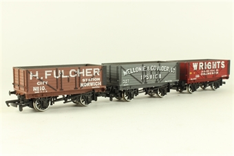 7-Plank Wagons - "Coal Trader pack" - 10 'H. Fulcher' Brown livery, 307 'Mellonie & Goulder' grey, 135 'Wrights (Colchester) Ltd' red livery - Pack of 3