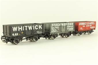 3 x 'Coal Trader' 7 Plank Wagons - Wagon A) 180 in 'Newbold & Martell' Brown Livery, Wagon B) G55 Wagon in 'Whitwick' Grey Livery, Wagon C) 9 Wagon in 'Stockingford' Green Livery
