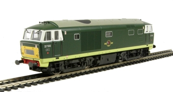 Class 35 Hymek D7100 in BR green with white cab and small yellow warning panels.