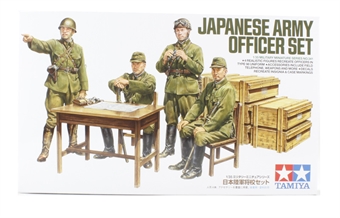 Japanese Army Officers with table, chairs, barrels and storage boxes