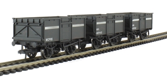 Pack of 3 16 ton steel mineral wagons in NCB livery with top flap doors - weathered