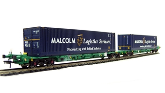 Intermodal bogie wagon with 2 45ft containers in Malcolm Logistics livery
